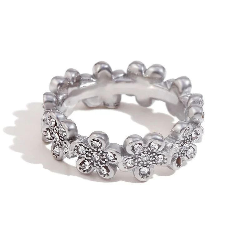 Flower Full Diamond Micro Set Daisy Ring - Steel - Size 6