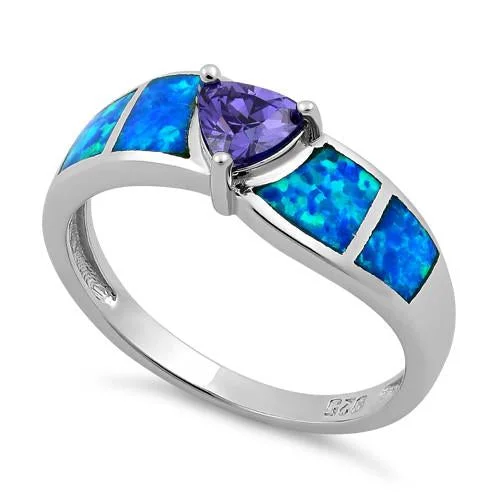 Gothic Rings-Sterling Silver Amethyst Center Trillion Cut Stone Blue Lab Opal Ring