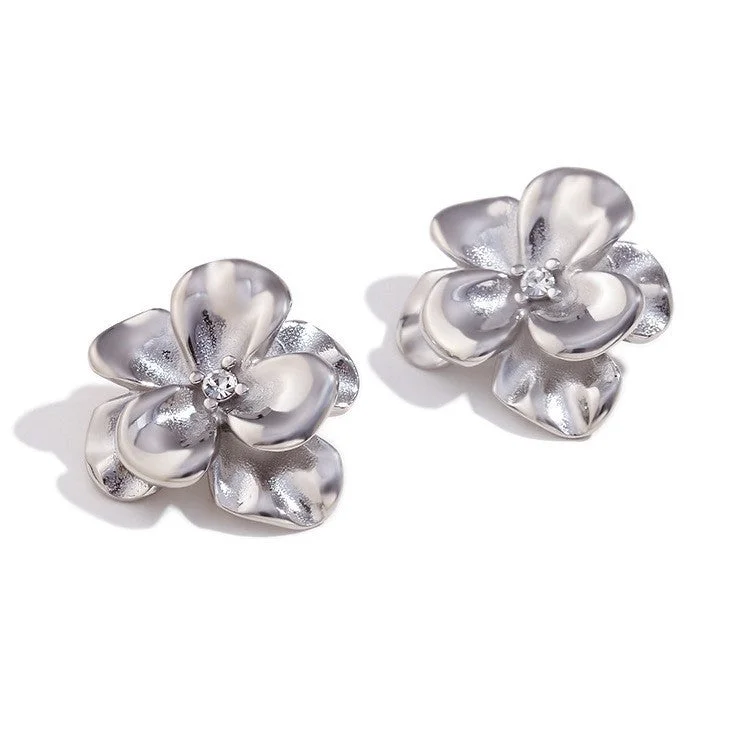 Retro flower double-layer dot diamond earrings - steel color - white diamond