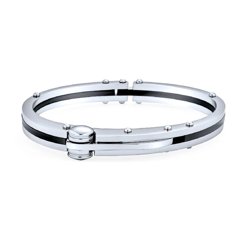 Adjustable Bangle Bracelets for Women-Biker Handcuff Bracelet for Men Black Silver Tone Stainless Steel 8 Inch Clasp