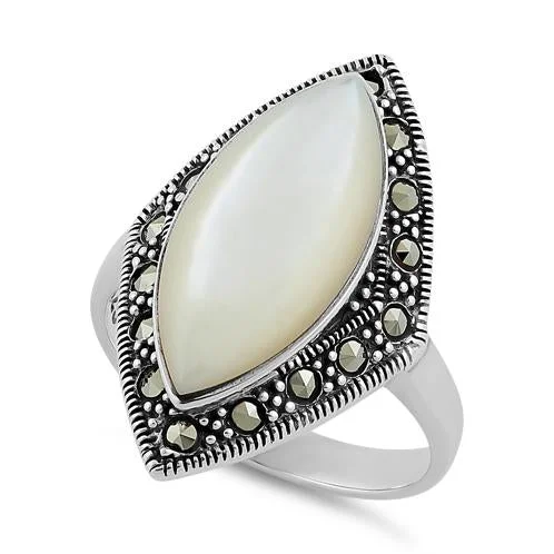 Rose Gold Rings-Sterling Silver Marquise Mother of Pearl Marcasite Ring