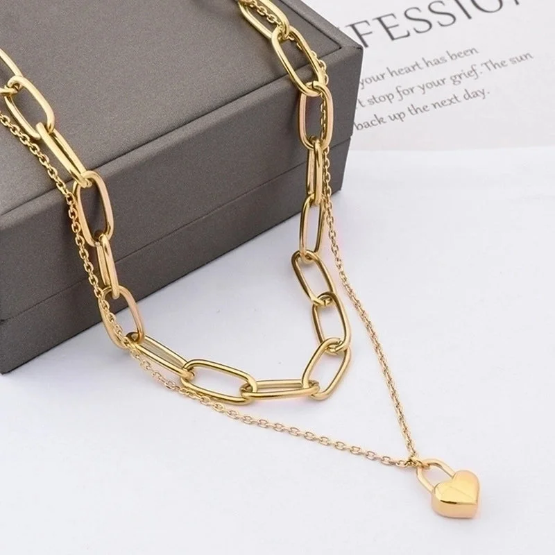 Travel Necklaces-Fashion Hip-hop Heart-shaped Titanium Steel Thick Chain Double-layer Clavicle Chain