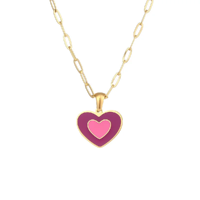 Double layered oil dripping love pendant necklace - purple