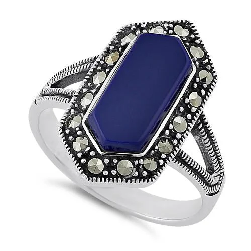 Antique Wedding Rings-Sterling Silver Blue Lapis Diamond Shaped Marcasite Ring