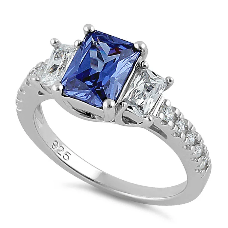 Unique Gemstone Rings-Sterling Silver 3-Stone Tanzanite-tone CZ Ring