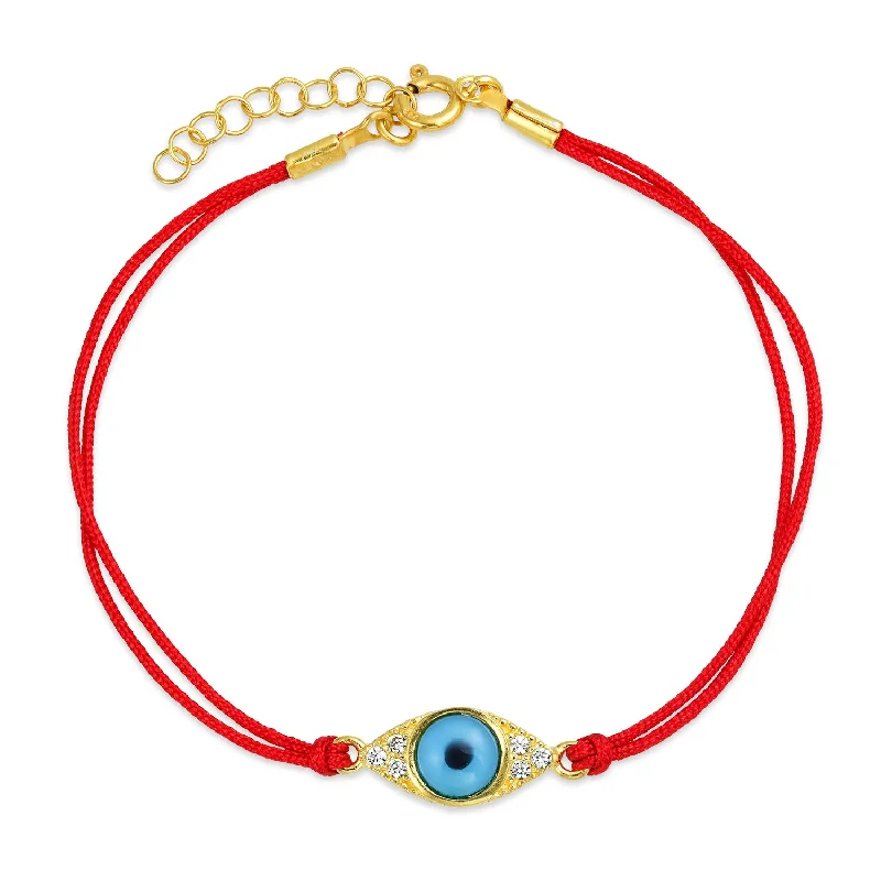 Custom Tennis Bracelets-Minimalist Charm Bracelet with Turkish Blue Evil Eye and Red String 14K Gold Plated