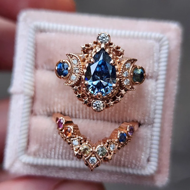 Round Cut Rings-Size 4.5-6.5 14k Rose Gold Blue Moissanite Pear Cosmos Engagement Ring with Rainbow Sapphire Stardust Chevron