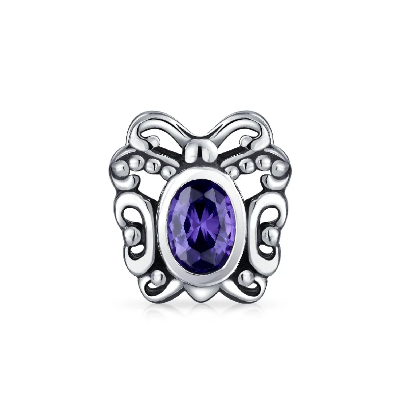 Silver Charm Bracelets-Purple Butterfly Charm Bead with Simulated Amethyst CZ for European Bracelet