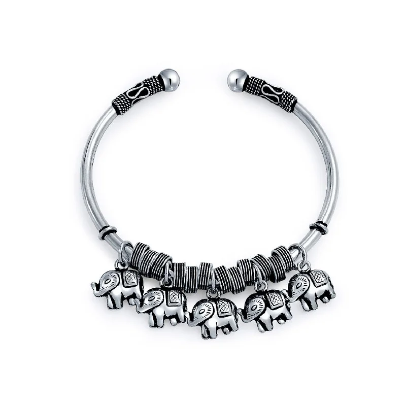 Family Bracelets-Bali Style Elephant Bangle Bracelet with 5 Charms in Antiqued Sterling Silver