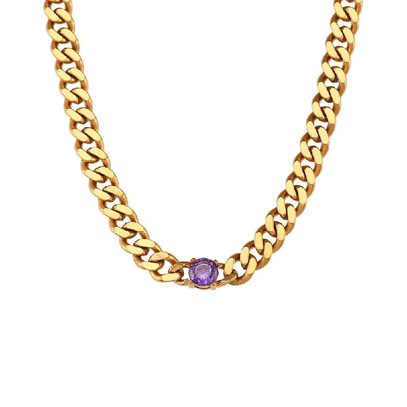 Golden Cuban Chain Round Zircon Necklace - Purple Diamond