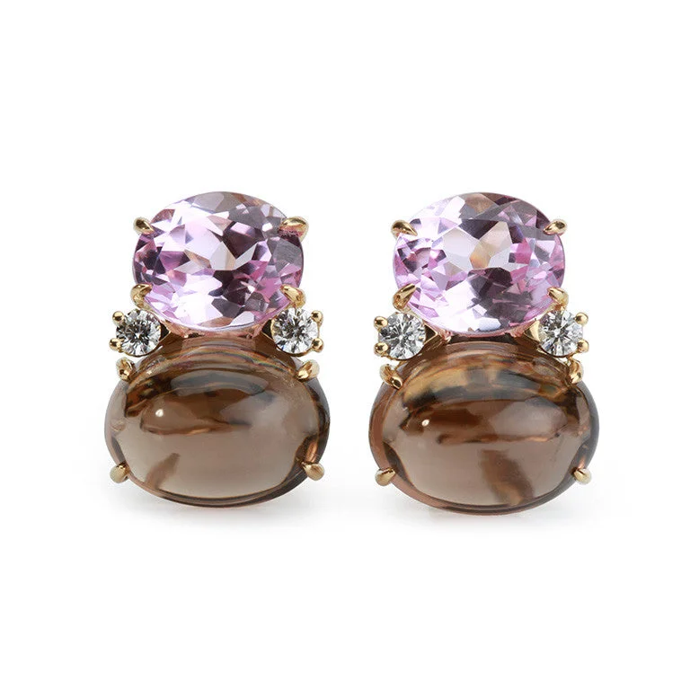 Antique Earrings-Large GUM DROP™ Earrings with Pink Topaz and Cabochon Smoky Topaz and Diamonds