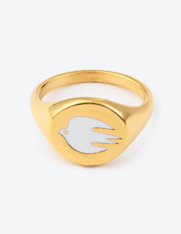 Colored Diamond Rings-White Enamel Gold Dove Ring