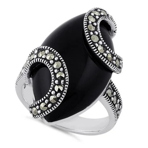 Birthstone Promise Rings-Sterling Silver Black Onyx Oval Wrap Marcasite Ring