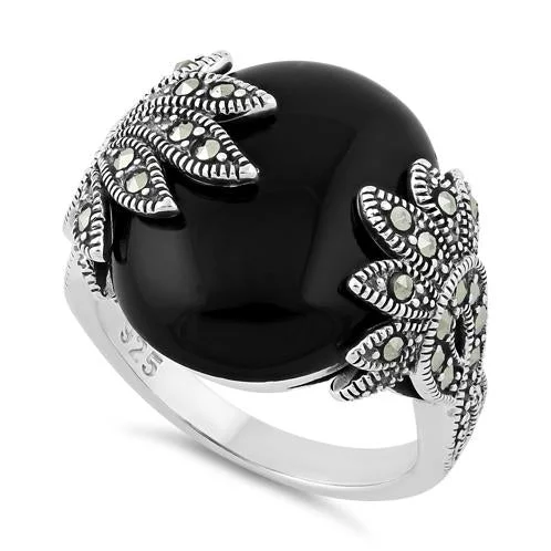 Signet Rings-Sterling Silver Big Round Black Onyx Floral Marcasite Ring