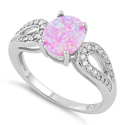 Emerald Rings-Sterling Silver Pink Oval Lab Opal CZ Ring