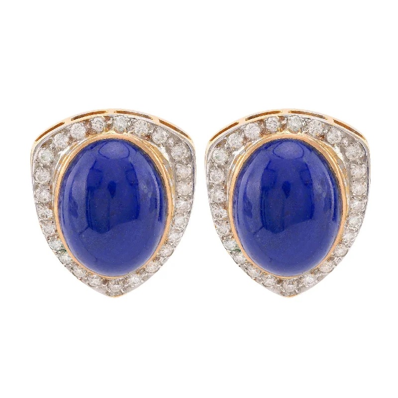 Stud Earrings-Vintage Lapis Lazuli Diamond 14K Yellow Gold Earrings