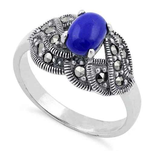 Large Statement Rings-Sterling Silver Blue Lapis Oval Marcasite Ring