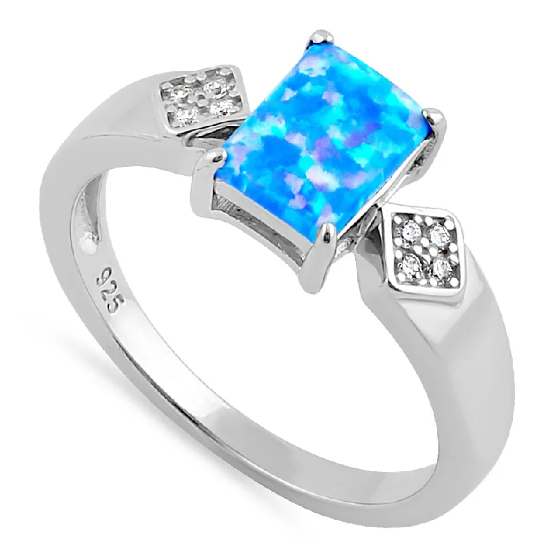 Vintage Gemstone Rings-Sterling Silver Elegant Blue Lavender Lab Opal Rectangle CZ Ring