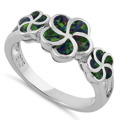 Platinum Rings-Sterling Silver Plumeria Green-Black Lab Opal Ring