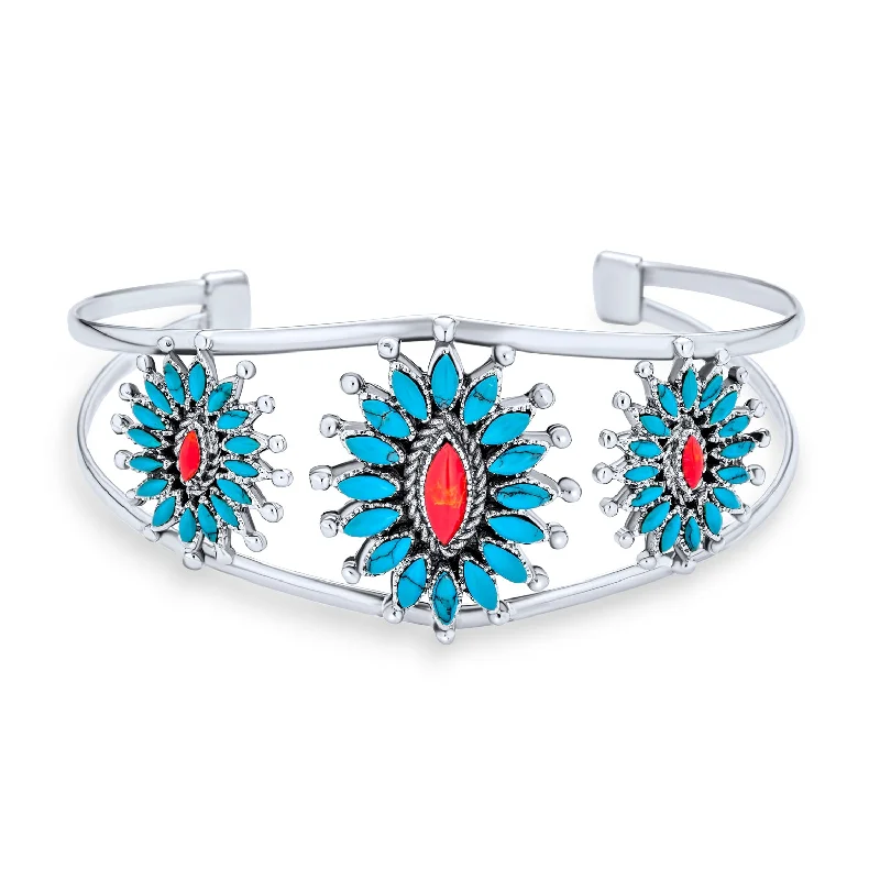 Women’s Stacked Bangle Bracelets-Southwestern Navajo Style Coral Turquoise Zuni Flower Cuff Bracelet Sterling Silver