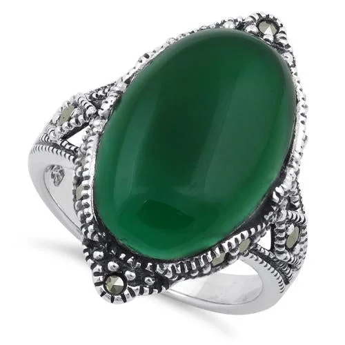 Animal Rings-Sterling Silver Oval Green Agate Marcasite Ring