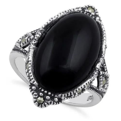 Black Titanium Rings-Sterling Silver Oval Black Onyx Marcasite Ring