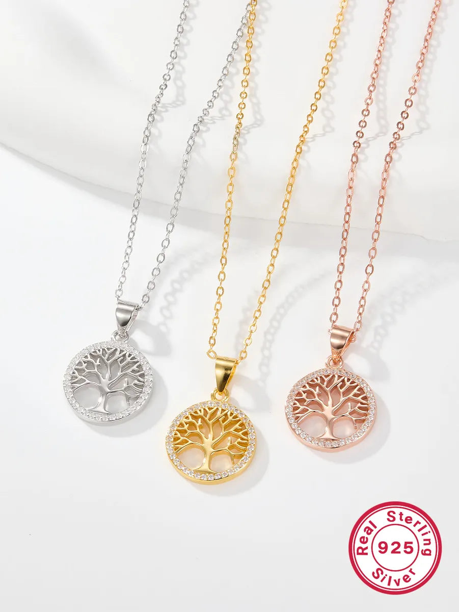 Trendy Gold Necklaces-Casual Simple Style Round Tree Sterling Silver Plating Hollow Out Inlay Zircon 18k Gold Plated White Gold Plated Pendant Necklace