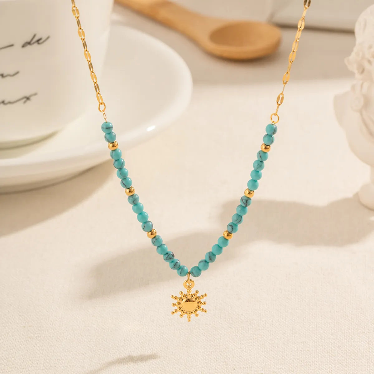 Creative Necklaces-Ig Style Simple Style Sun Stainless Steel Turquoise Titanium Steel Beaded Plating 18k Gold Plated Pendant Necklace