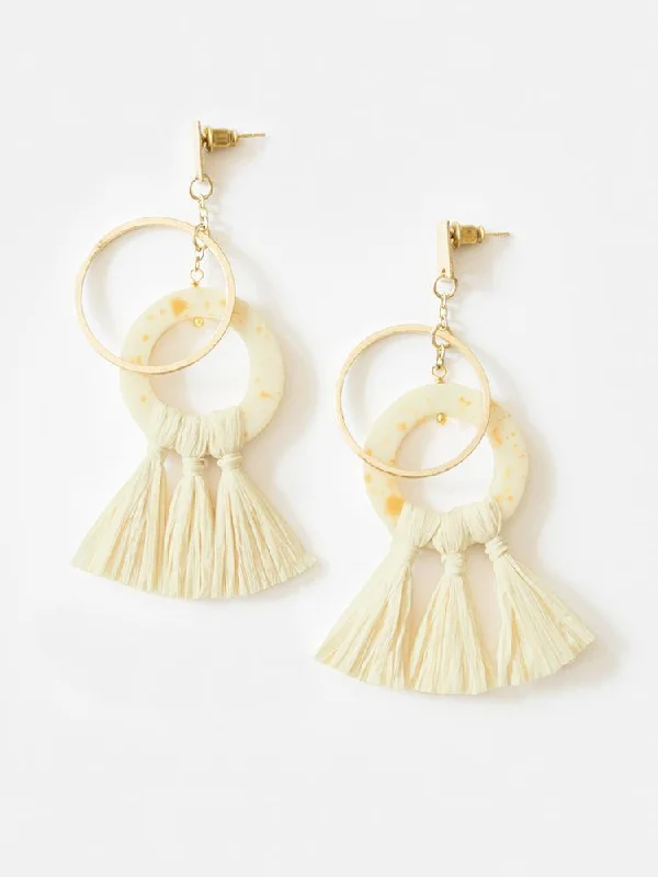 Artistic Silver Drop Earrings-Popcorn Raffia Studs - Yellow