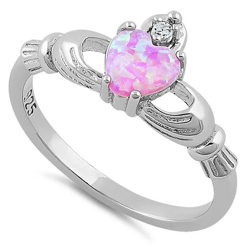 Vintage Gold Rings-Sterling Silver Claddagh Pink Lab Opal CZ Ring