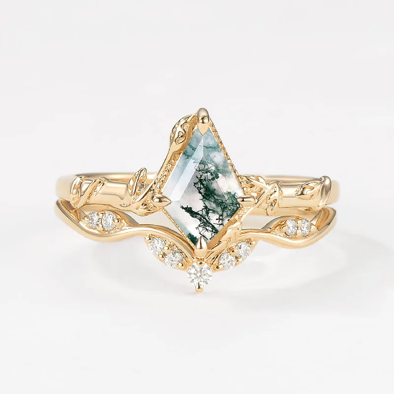 Chunky Rings-Unique Leafy Moss Agate Ring Sets 2pcs