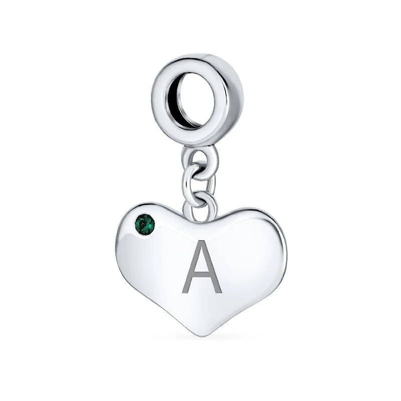 Women’s Stacked Bracelets-Initial Alphabet Bead Charm Simulated Emerald Heart Dangle for European Bracelet