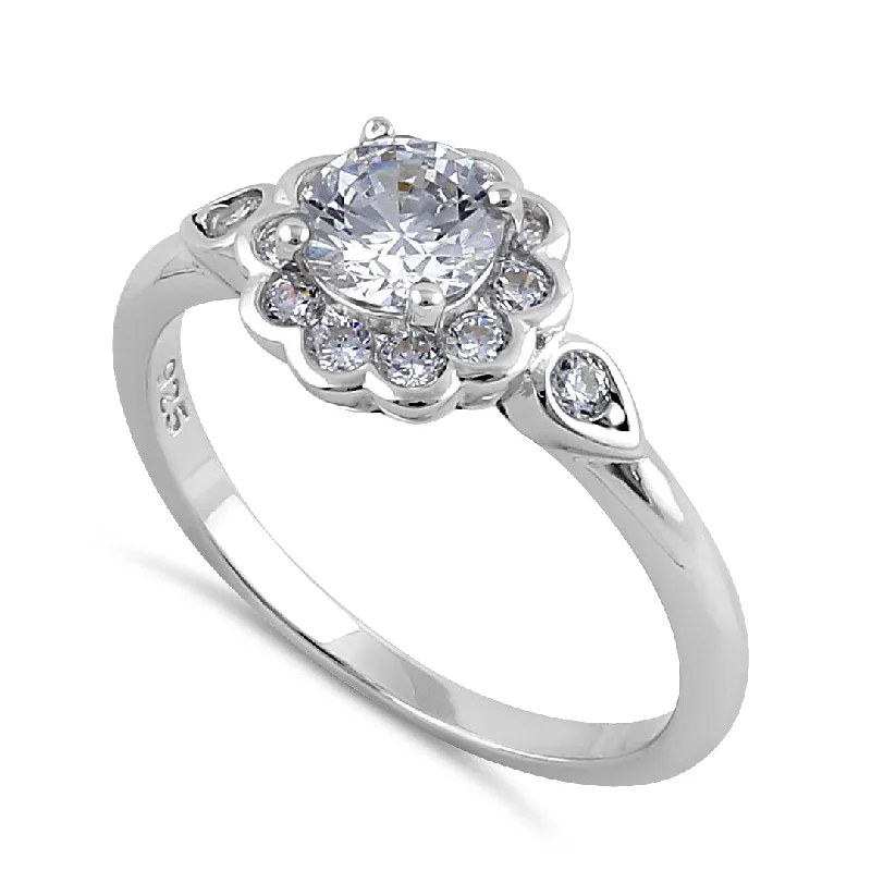 Designer Engagement Rings-Sterling Silver Clear CZ Flower Engagement Ring