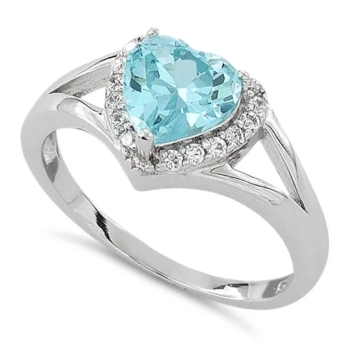 Bohemian Rings-Sterling Silver Heart Shape Aquamarine CZ Ring