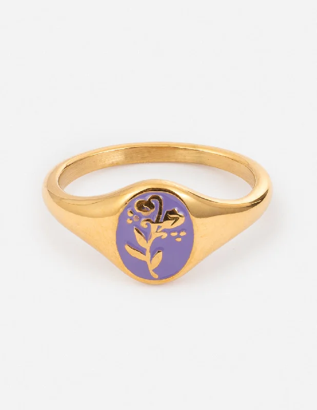 Birthstone Promise Rings-Lavender Flower Signet Ring