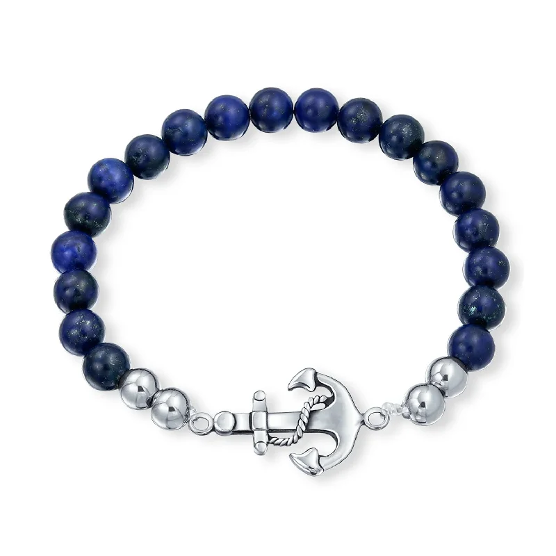 Custom Bar Bracelets-Stackable Navy Blue Lapis Lazuli Stretch Bracelet with Nautical Anchor Design