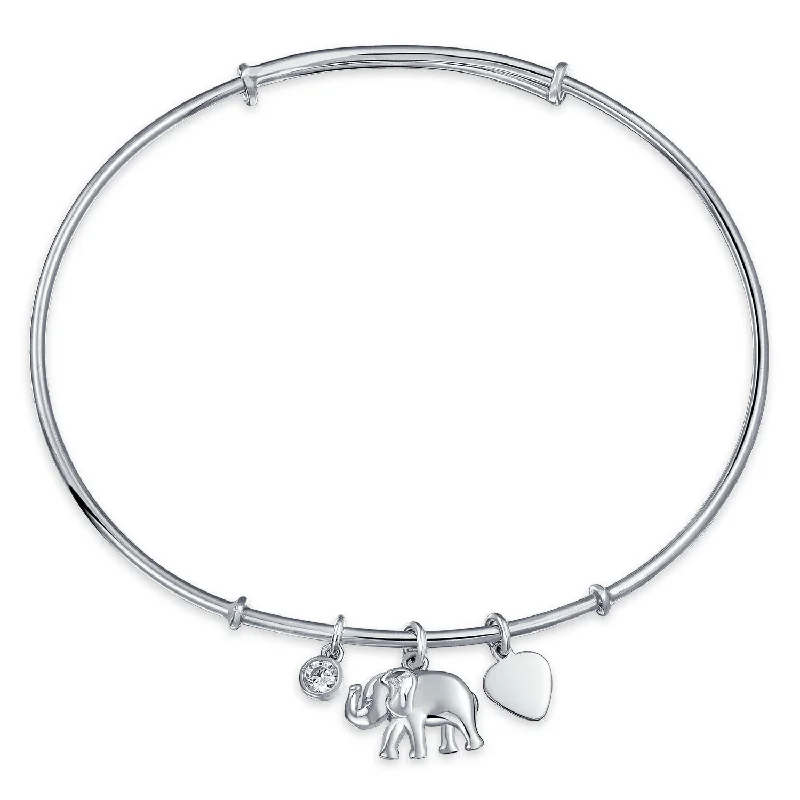 Women’s Adjustable Bangle Bracelets-Elephant Heart Dangle Charm Bangle Bracelet CZ 925 Sterling Silver