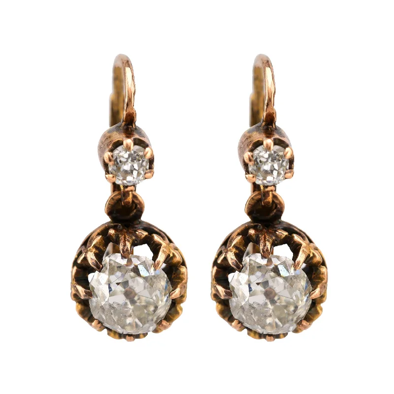 Elegant Earrings-Antique Style Old Mine Diamond 18K Yellow Gold Drop Earrings