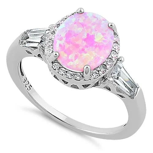 Customizable Rings-Sterling Silver Dazzling Oval Pink Lab Opal CZ Ring