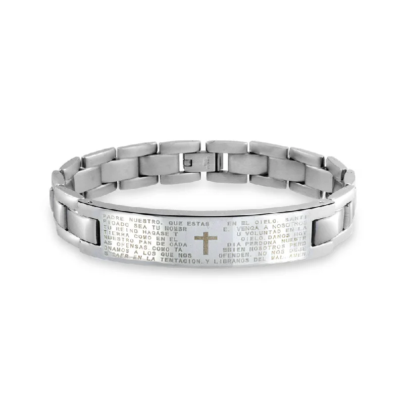 Custom Gold Charm Bracelets-Our Lords Prayer Cross Link Wrist ID Bracelet for Men in Silver Tone Stainless Steel