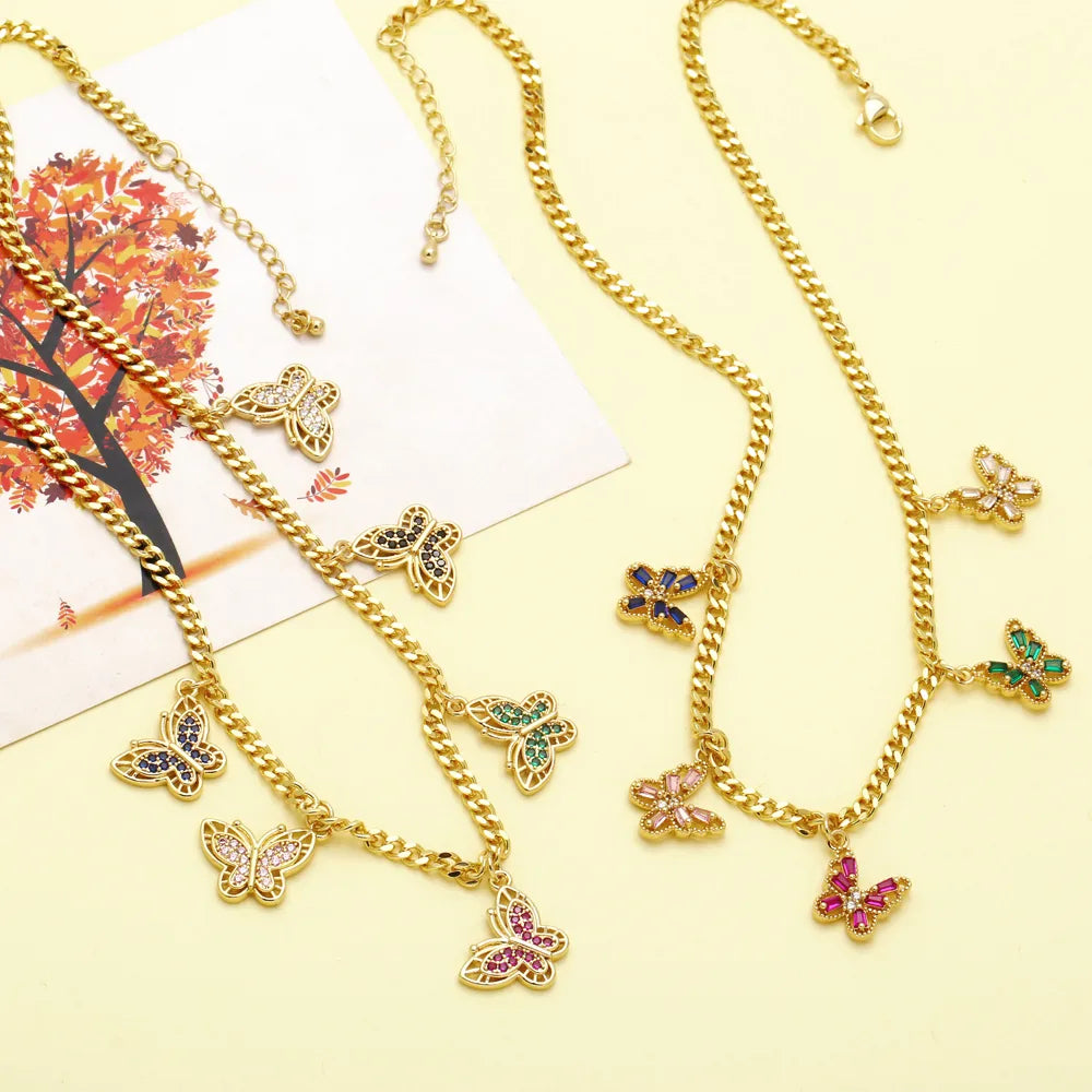 Emerald Necklaces-Hip-Hop Flower Butterfly Copper Plating Inlay Zircon 18k Gold Plated Necklace Choker