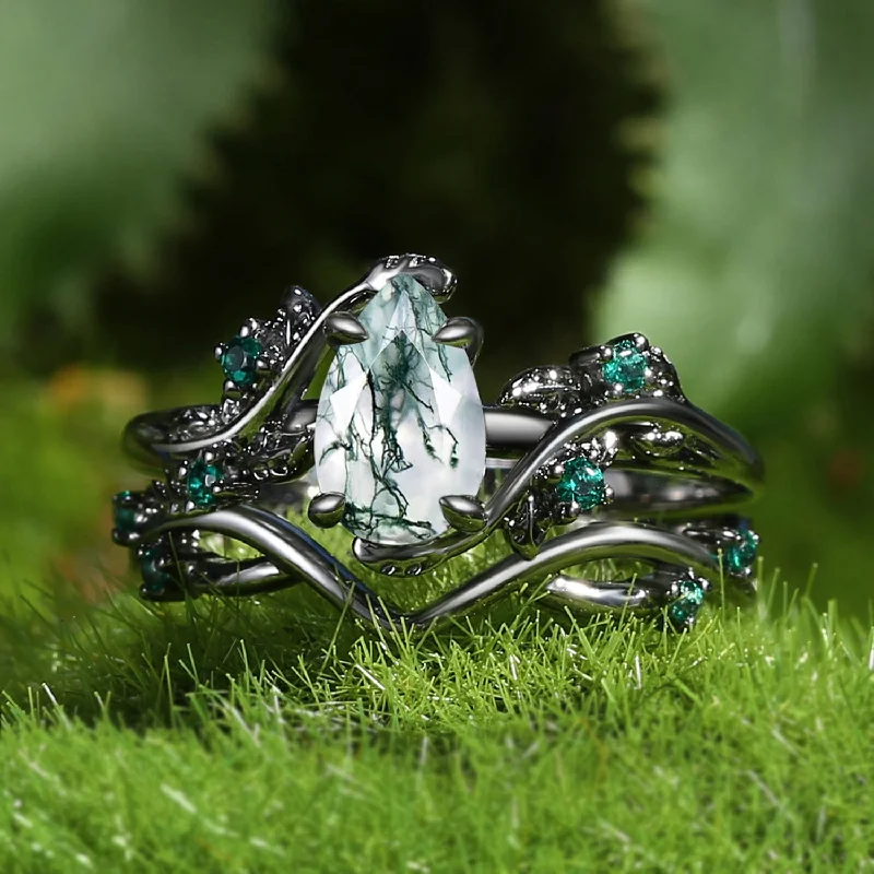 Diamond Solitaire Rings-Nature Inspired - Pear Shaped Moss Agate Leafy Ring Set 2pcs - Mossy