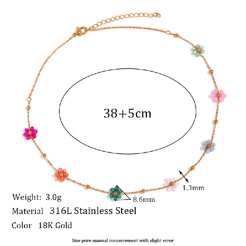 Handmade 7 Colorful Flower Chain Necklace 38 5cm - Gold