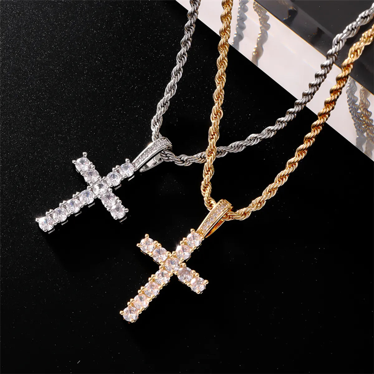 Travel Necklaces-Hip-Hop Cross 304 Stainless Steel Copper Plating Inlay Zircon K Gold Plated Rhodium Plated Women'S Pendant Necklace