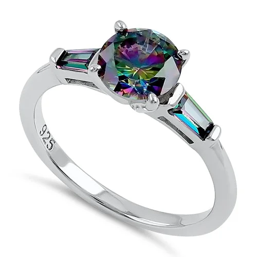 Large Gemstone Rings-Sterling Silver Rainbow CZ Ring