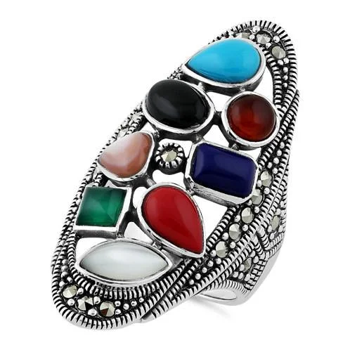 Designer Signet Rings-Sterling Silver Rainbow Stone Marcasite Ring