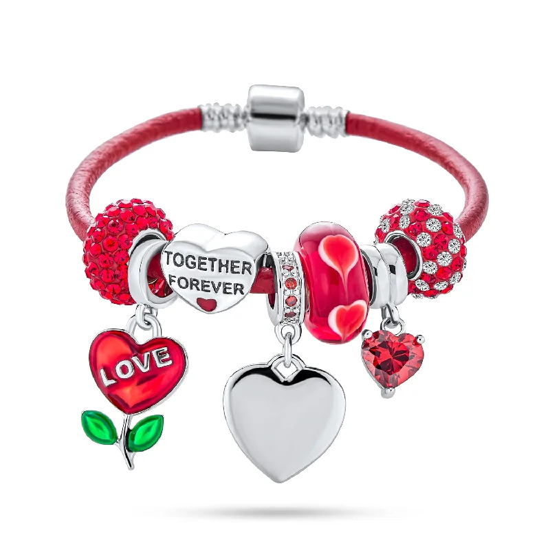 Luxury Pearl Bracelets-Initials Love Heart Charm Bracelet with Genuine Red Leather and Sterling Silver Clasp