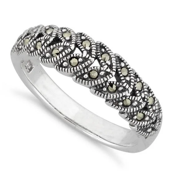 Princess Cut Rings-Sterling Silver Marquise Leaves Marcasite Ring