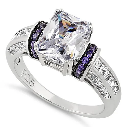 Personalized Promise Rings-Sterling Silver Emerald-Cut Purple CZ Ring