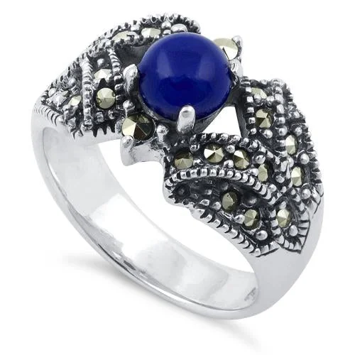 Star Rings-Sterling Silver Blue Lapis Elegant Marcasite Ring